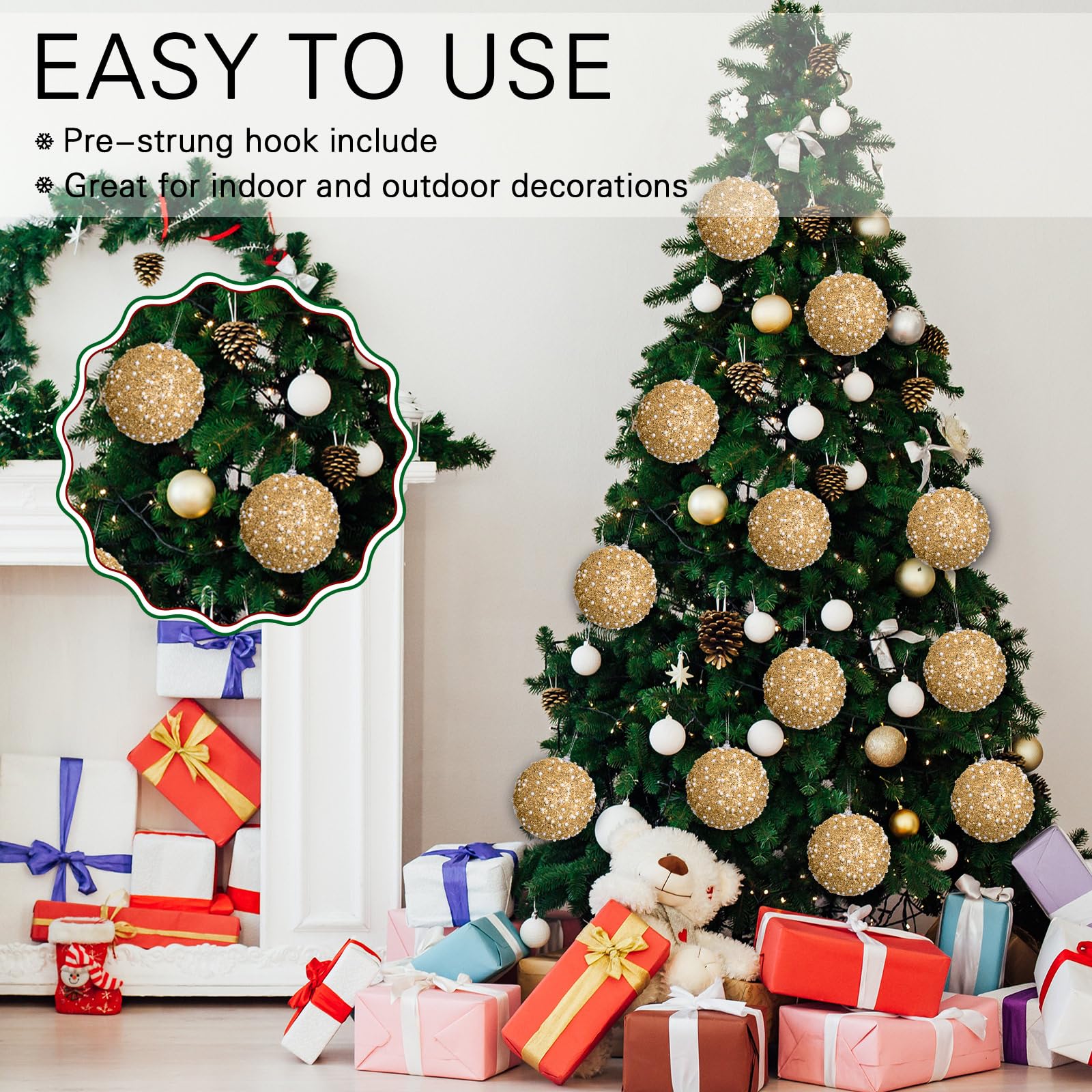 Lyrow Juego de 24 adornos de bolas de Navidad con purpurina de 4 pulgadas, bolas de Navidad a granel, adorno colgante de espuma de lentejuelas para árbol del hogar, boda, decoración de fiesta de