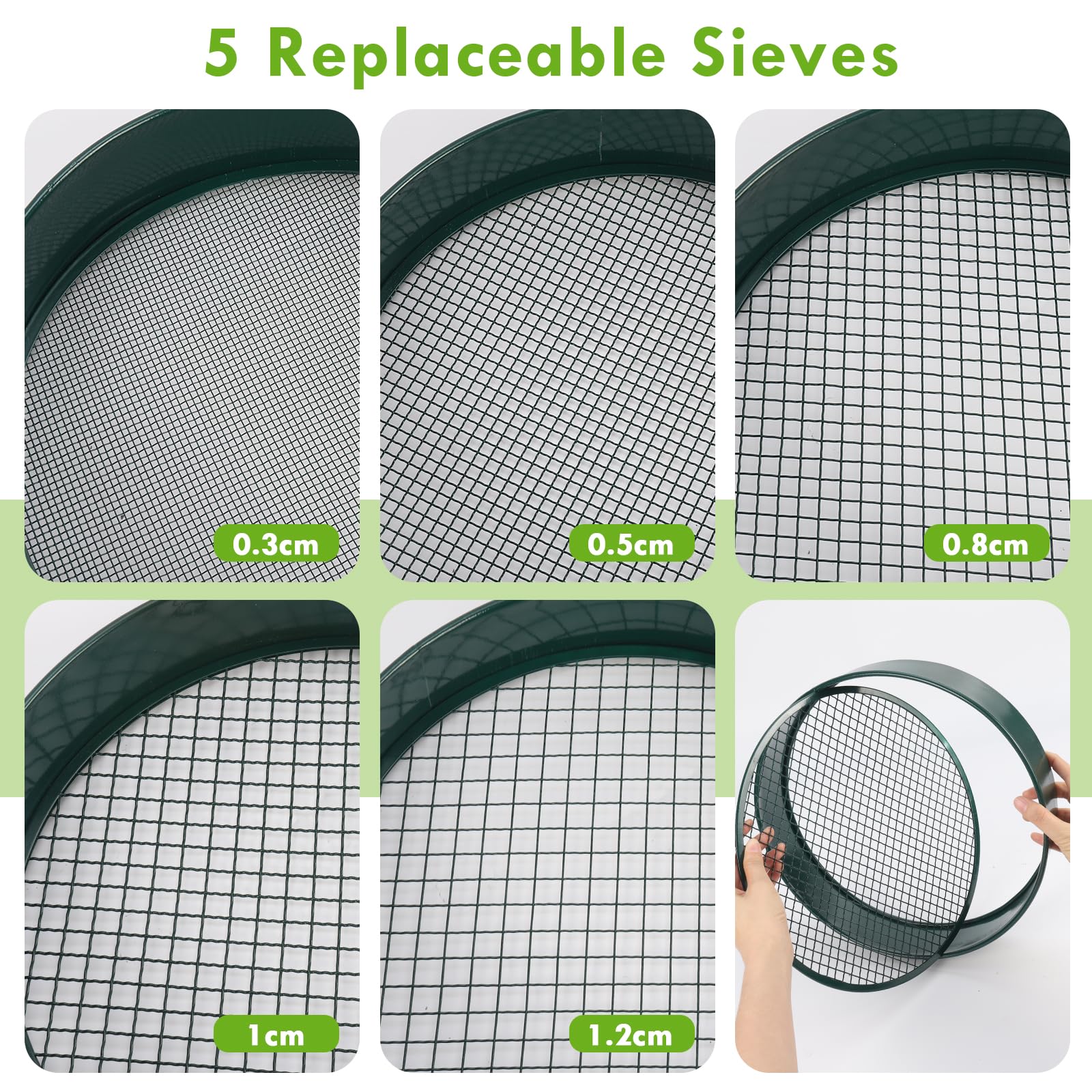 Setaccio Terreno per Giardinaggio, Setaccio Terreno in Acciaio Inox da 12 Pollici con 5 Schermi Fine Sostituibili, Guanti e Pala, Setaccio Sabbia, 3mm, 5mm, 8mm, 10mm, 12mm (Verde)