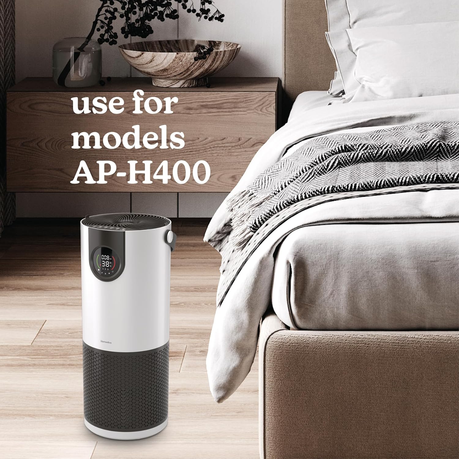 Homedics AP-H400 Air Purifier in a bedroom setting, indicating the filter's compatibility with this model.