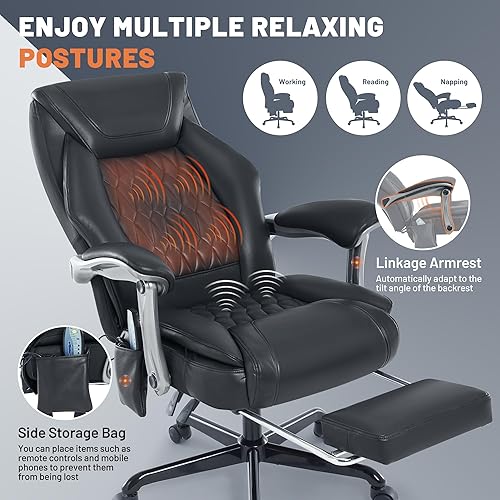 Miniatura 4 de Silla de oficina de masaje con función de calefacción y reposapiés, vibración de 6 puntos, silla de escritorio ergonómica reclinable ejecutiva con