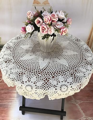Vista 2 de Damanni Manteles de encaje de ganchillo hechos a mano de algodón beige, redondos, 24 pulgadas