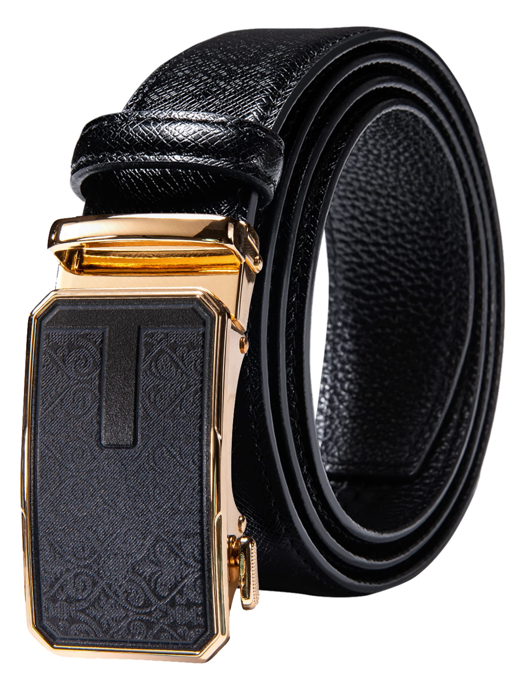 Barry.Wang Black Belt Men Genuine Leather Ratchet Automatic Buckle Belts 1 3/8" Strap Wedding Business Party Trim to Fit