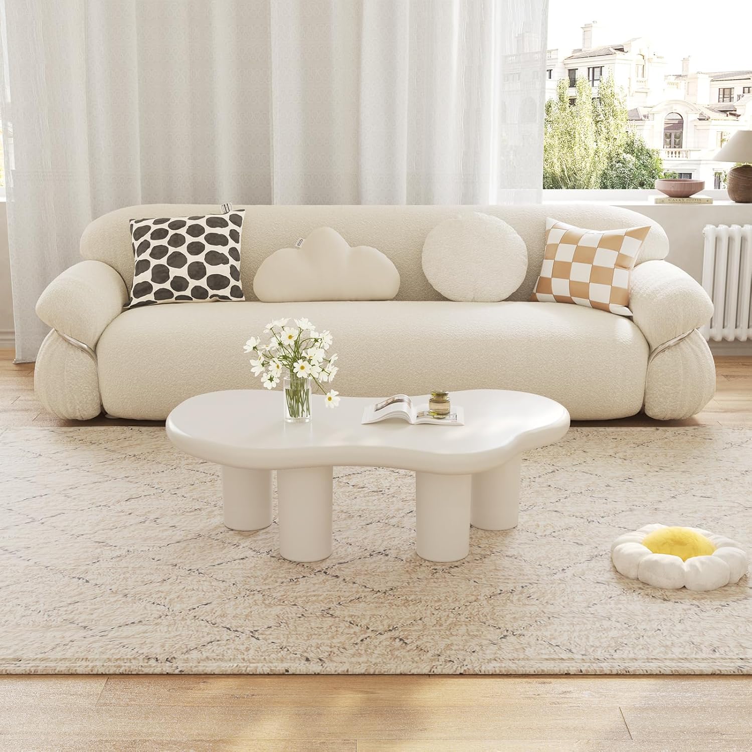 Guyii Cloud Coffee Table, Irregular Cream White Coffee Table with 4 Legs, Modern Center Table for Living Room, Indoor Tea Table, Easy Assembly Minimalist
