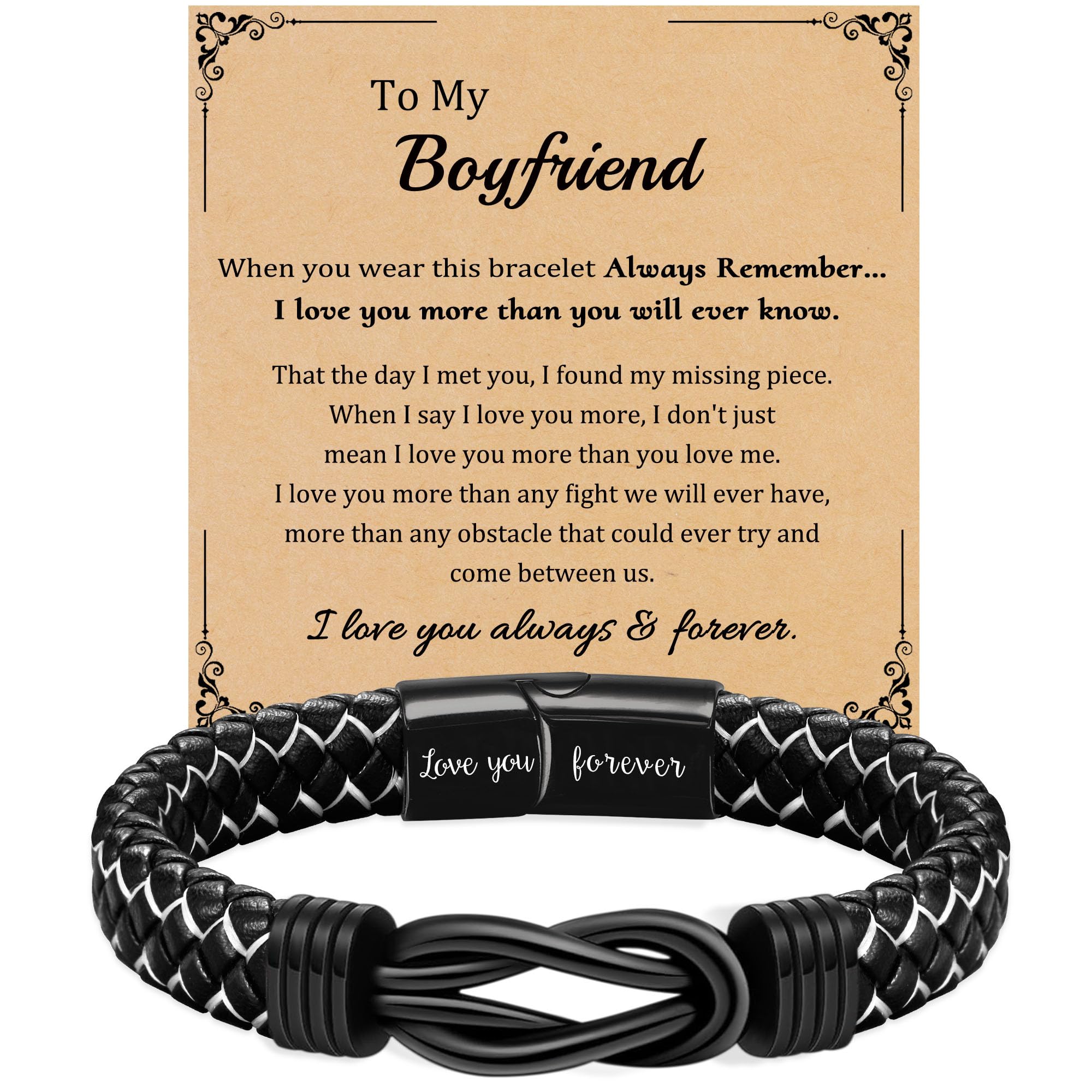 DONYUDE Fathers Day Gifts Leather Bracelet for Men Black Braided Infinity Bracelets for Him Dad Grandson Love You Forever Gift Bracelets for Boyfriend Husband Son 7.5"-9"