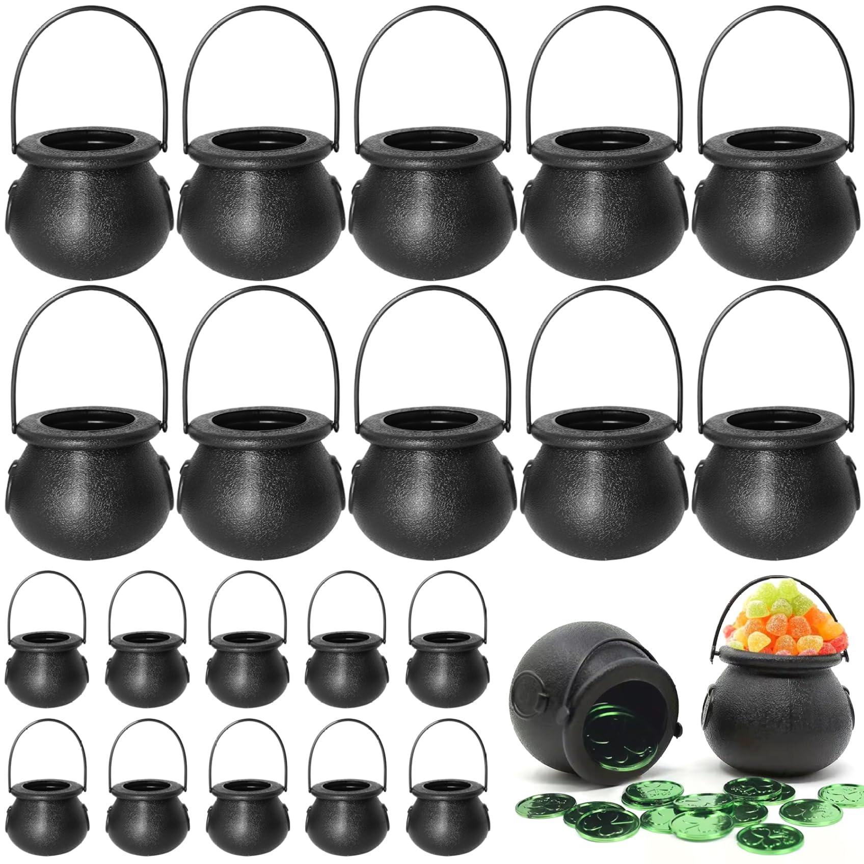 Hbbgdiy 20PCS 2.8×2.4 Inch Mini Plastic Witches Cauldron Candy Bowls with Handle, Halloween Party Favors, Table Decor & Trick-or‑Treat Candy Containers