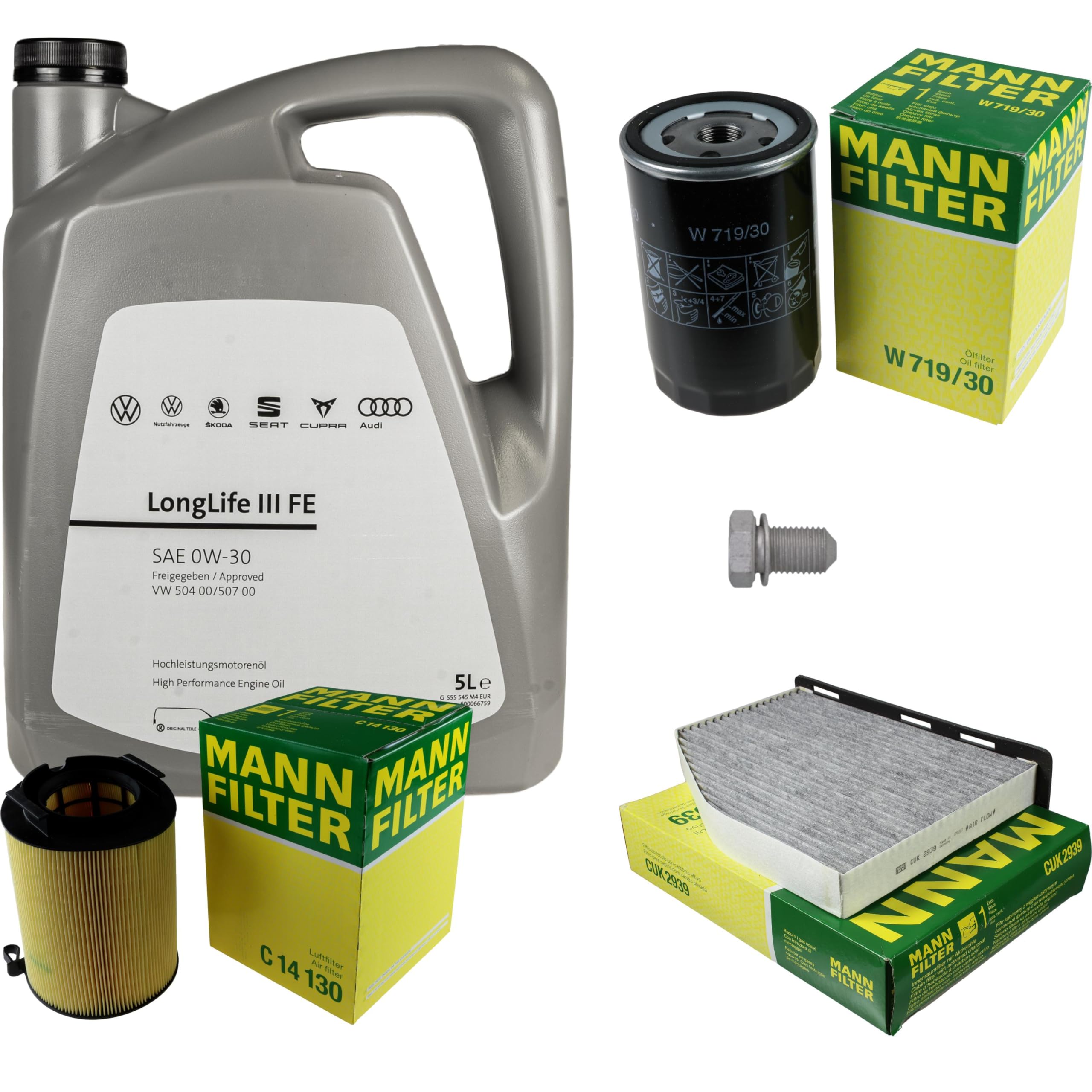 Pacchetto di ispezione pacchetto di manutenzione filtro con 5 l 0W-30 olio motore LongLife 3 FE, filtro dell'olio, filtro dell'aria abitacolo (carbone attivo) vite di scarico dell'olio