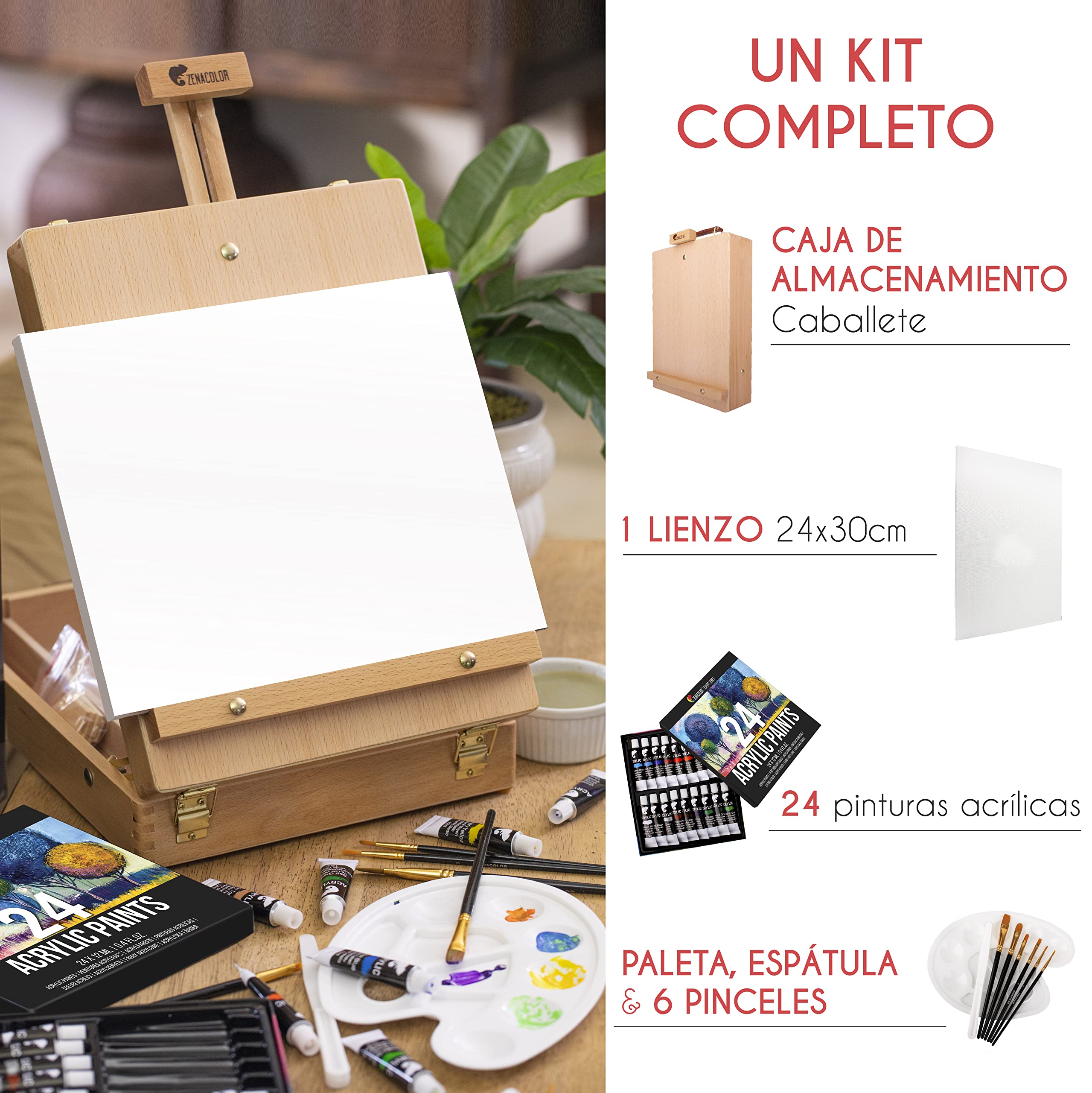 Kit Pintura con 34 piezas - 24 Tubos de Pintura Acrilica, 6 Pinceles Pintura, Lienzo para Pintar 24x30cm, 1 Caballete Pintura, Espátula y Paleta Pintura