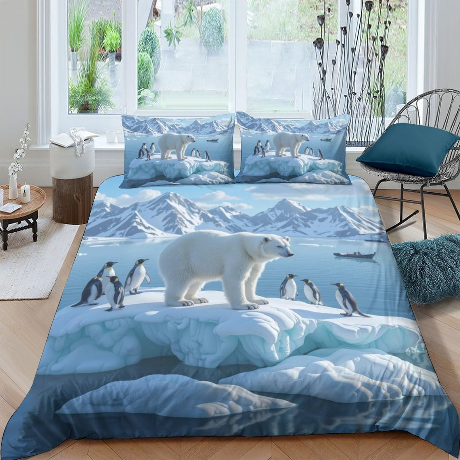 Ctjqhvkz Style-4 3D Printed Arctic Polar Bear Fitted Sheet Microfiber Soft Blue Penguin Mattress Cover Bedroom Dorm Decor Single（135X200cm）