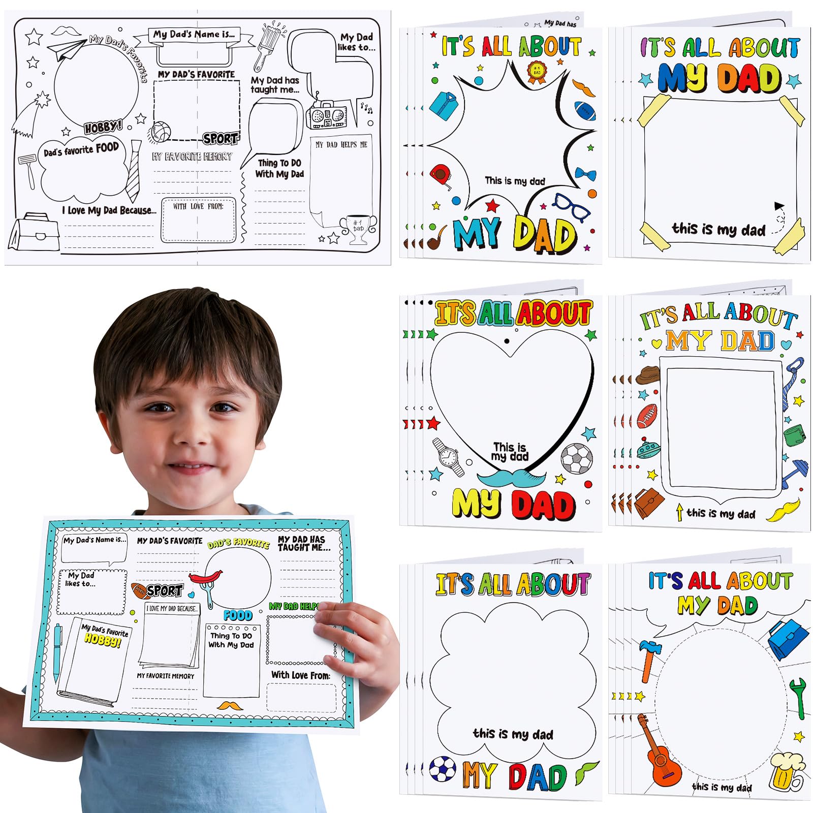 Janlaugh 24 Pcs Fathers Day Crafts for Kids Color Your Own About Dad Card Bulk DIY All About My Dad Card Making Kit for Father's Day Gift from Kids Children Daughter Son Home Classroom Activities