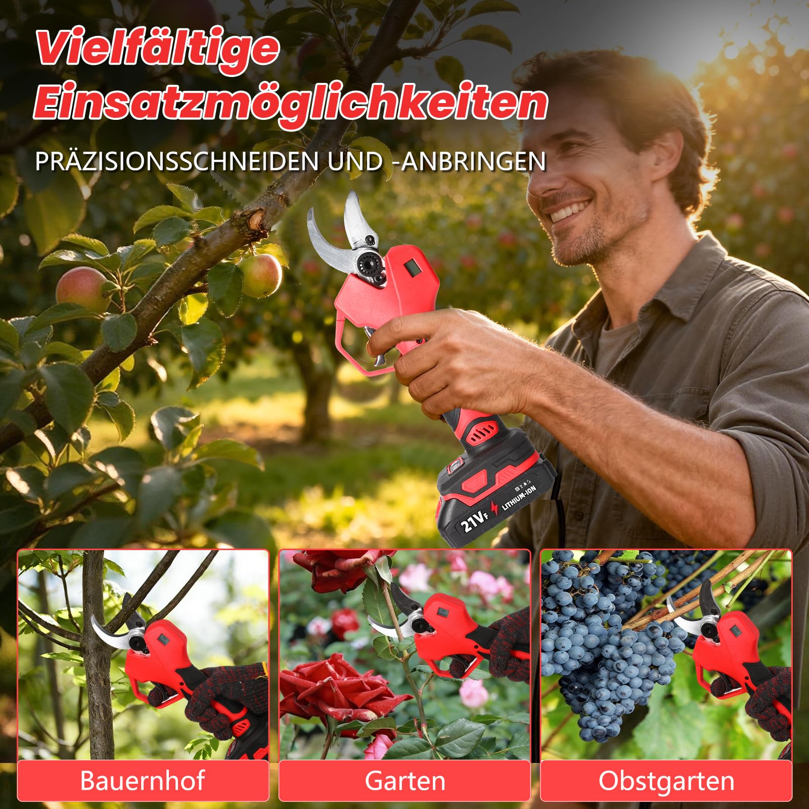 Akku Astschere, 50mm Elektrische Gartenschere mit 2 Akkus und LCD-Bildschirm, SK5-Klingen, Bürstenlosem Motor, Sicherheitsschalter, Gartenschere akku für Gartenarbeit, Weinreben und Obstbäume