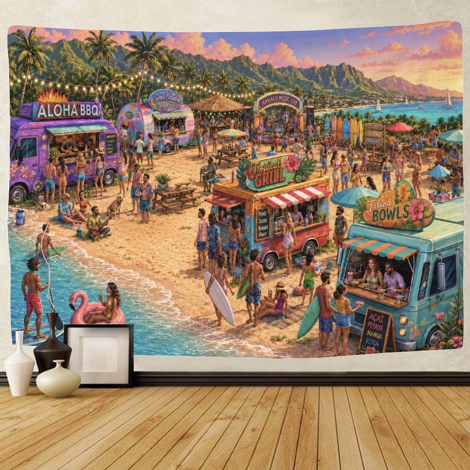 GPMNBCXZK Hawaii Beach Food Truck Wall Hanging Decor 3D Print Tapestry Wall Art Decor Tapestries Poster Curtain Bedroom College Dorm 70cmx100cm