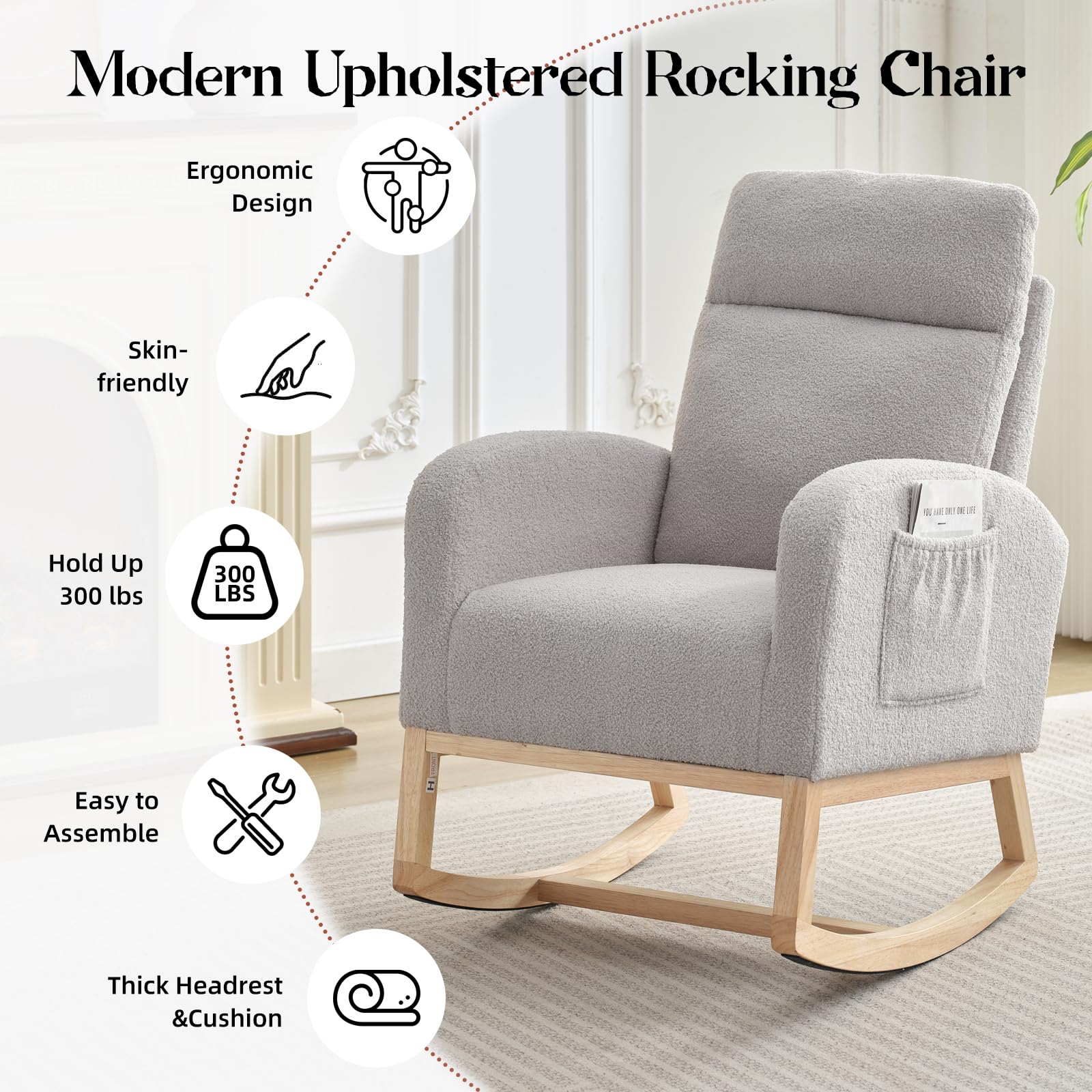GarveeTech Fauteuil à Bascule Classique Plat avec Châssis Bois et Rembourrage Dossier Haut, Pieds Bois Naturel, Peluche Teddy, Gris Clair