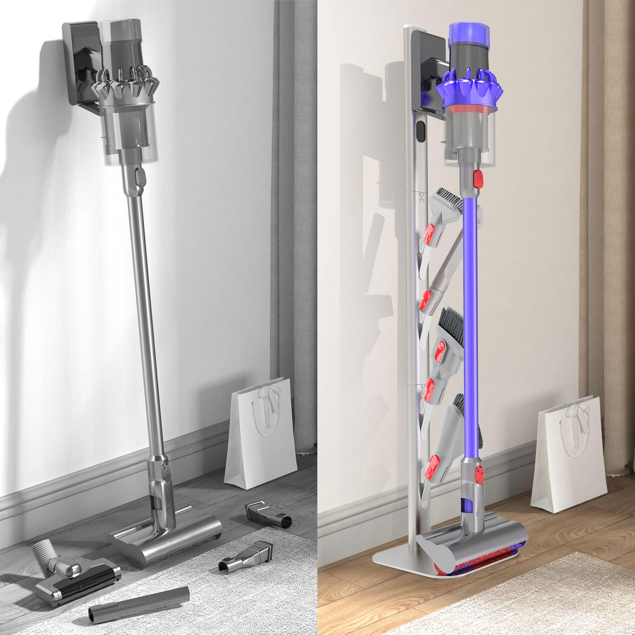 OUTBROS Stojak do odkurzacza kompatybilny z Dyson Gen5, V15s, V15, V12, V11, V10, V8, V7, V6, wolnostojący stojak podłogowy, uchwyt na akcesoria, przechowywanie i organizacja, srebrny