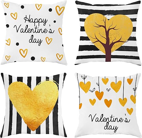 Juego de 4 fundas de almohada para el Día de San Valentín con diseño de árbol de corazón a rayas, geometría clásica, moderna, festividad, terciopelo