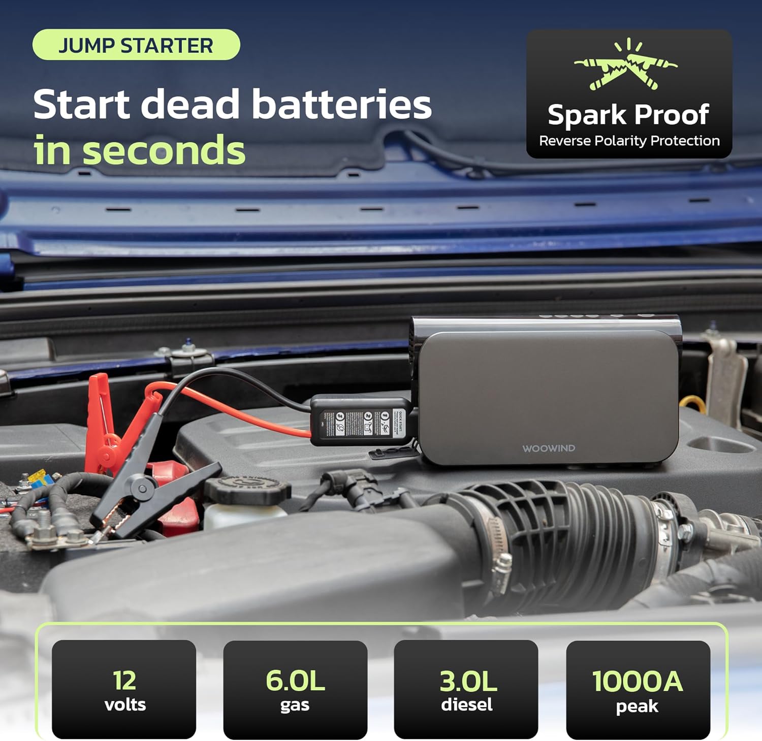 Woowind Jump Starter with Air Compressor 3-in-1 Car Battery Booster, 65W Power Bank, 150 PSI Portable Tire Inflator for 6.0L Gas, 3.0L Diesel Engines, 16000mAh Battery Booster with LED Light - Image 5