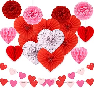 Valentine's Day Party Decorations Kit Heart Hanging Paper Fans Banner Red Pink Honeycomb Balls Pompoms with Ribbon for Valentines Day Wedding Anniversary Bridal Shower Party Decor