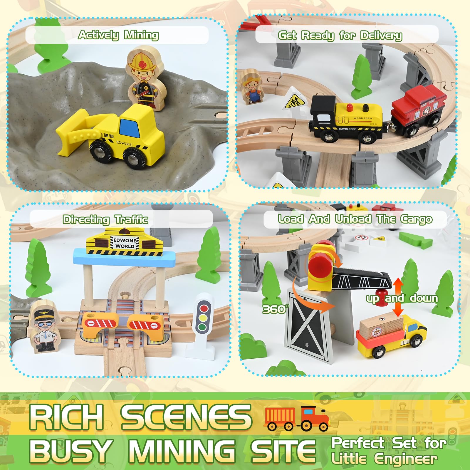 HERMORRYSS Tren de Madera para Niños, 100 Piezas Vías de Tren de Madera y Juguetes de TrenS, TrenS Eléctrico, Ferrocarril de Ingeniería con Grúa Magnética, Figuras, Regalo para Niños y Niña de 3+ Años