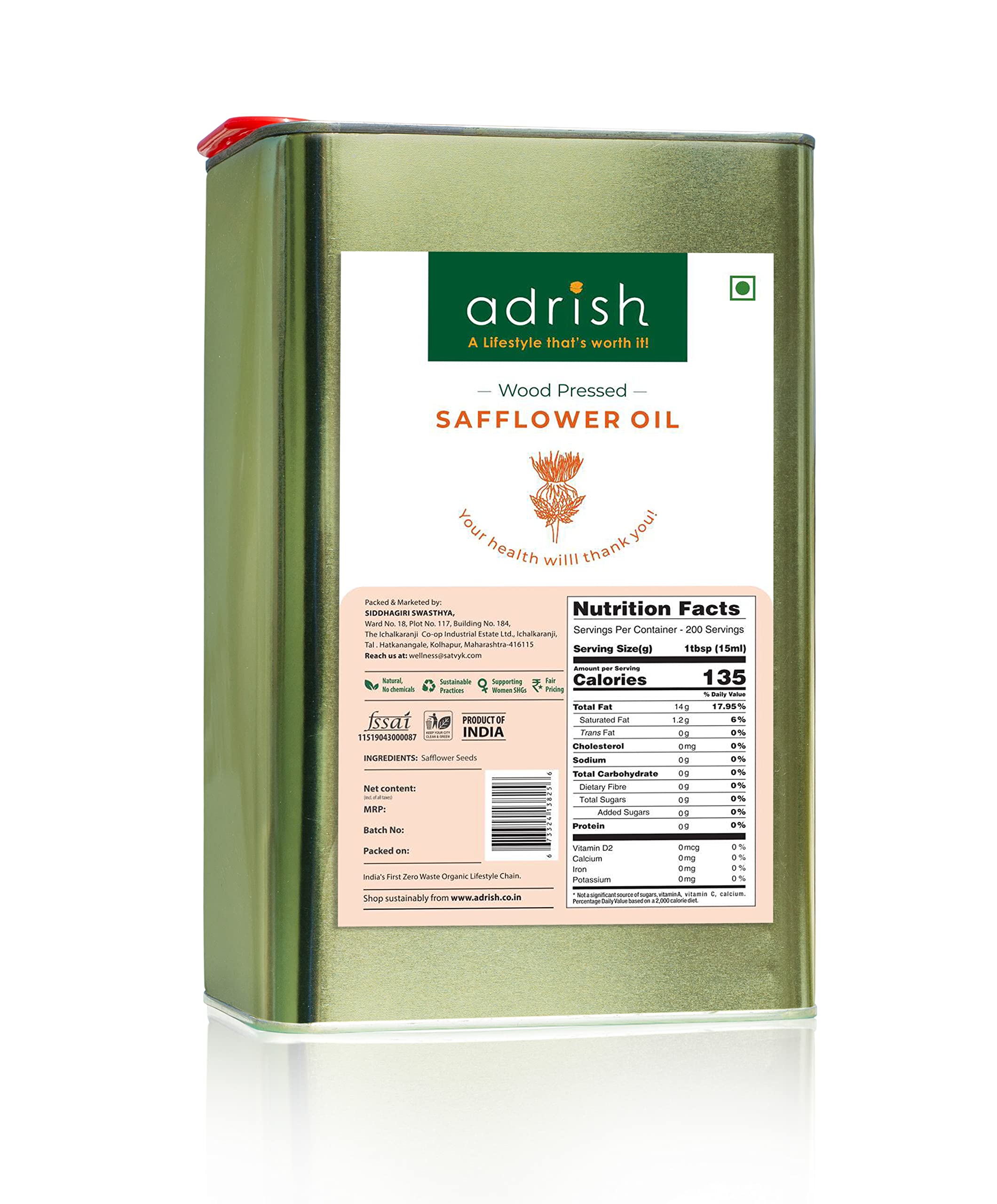 Adrish Zerowaste Wood Pressed Safflower Oil (3Ltr Tin Can) - Organic | Unrefined | Kachi Ghani Kardai Tel | Kolhu Safflower Oil | Extracted on Wooden Churner | Ideal Oil for Cooking (B0BRSPS9CC) Amazon Price History, Amazon Price Tracker