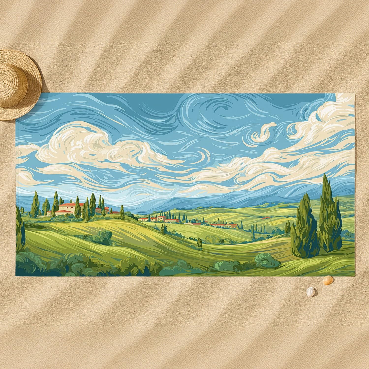 Générique Grande Serviette de Plage 210 x 135 CM,Drap de Plage Microfibre,Couverture de Plage Absorbante Rapide pour Paysage Collines, Cyprès, Ciel