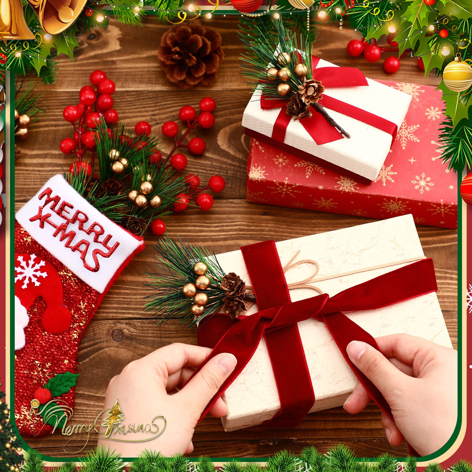 Spencer 12Pcs Christmas Artificial Pine Cones Branch Red Berry Holly Flower Picks For Xmas Wreath Party Festive Home Decor