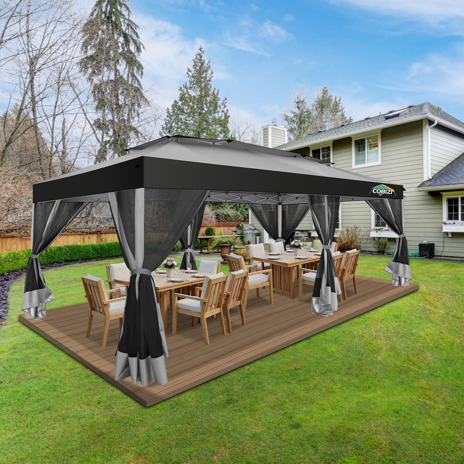 COBIZI 10x20 Pop up Gazebo, One-Push Setup Canopy Tent with Mosquito Netting & Vented Roof Design, Upgrade Metal Easy up Canopy Carpa Outdoor Gazebos for Backyard Camping Deck Party(Light Gray & Gray)