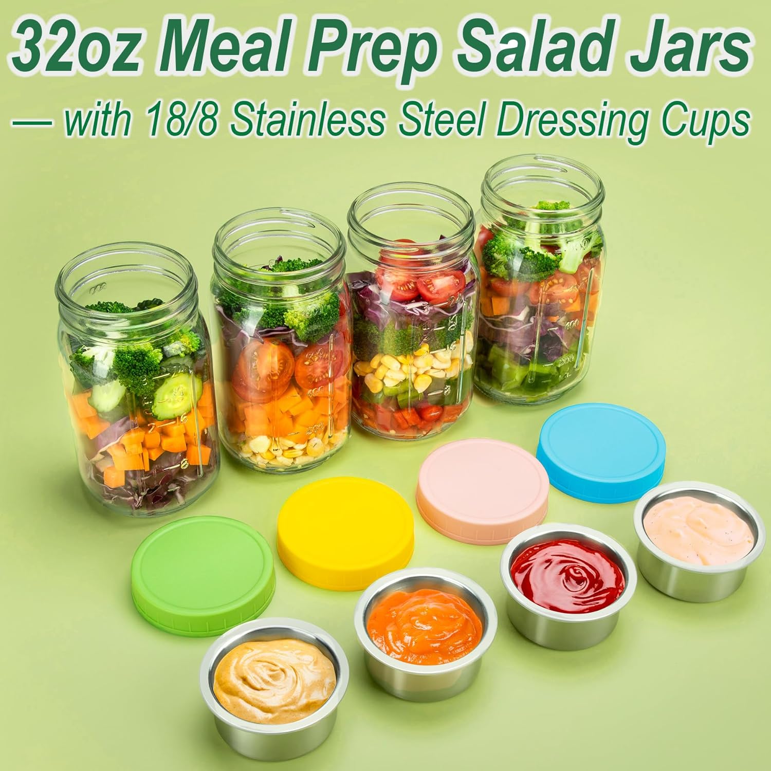 KTKUDY 2 Pack 32 oz Glass Salad Jars with Dressing Cups (Pod) - Meal Prep Salad Container for Lunch - Leakproof Mason Jars with Lids - Image 2