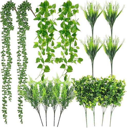 16 paquetes de plantas artificiales colgantes suculentas artificiales, cadena de perlas, hiedra falsa, vid vegetal, tallos de boj falsos, arbustos 16 paquetes de plantas artificiales colgantes suculentas artificiales, cadena de perlas, hiedra falsa, vid vegetal, tallos de boj falsos, arbustos