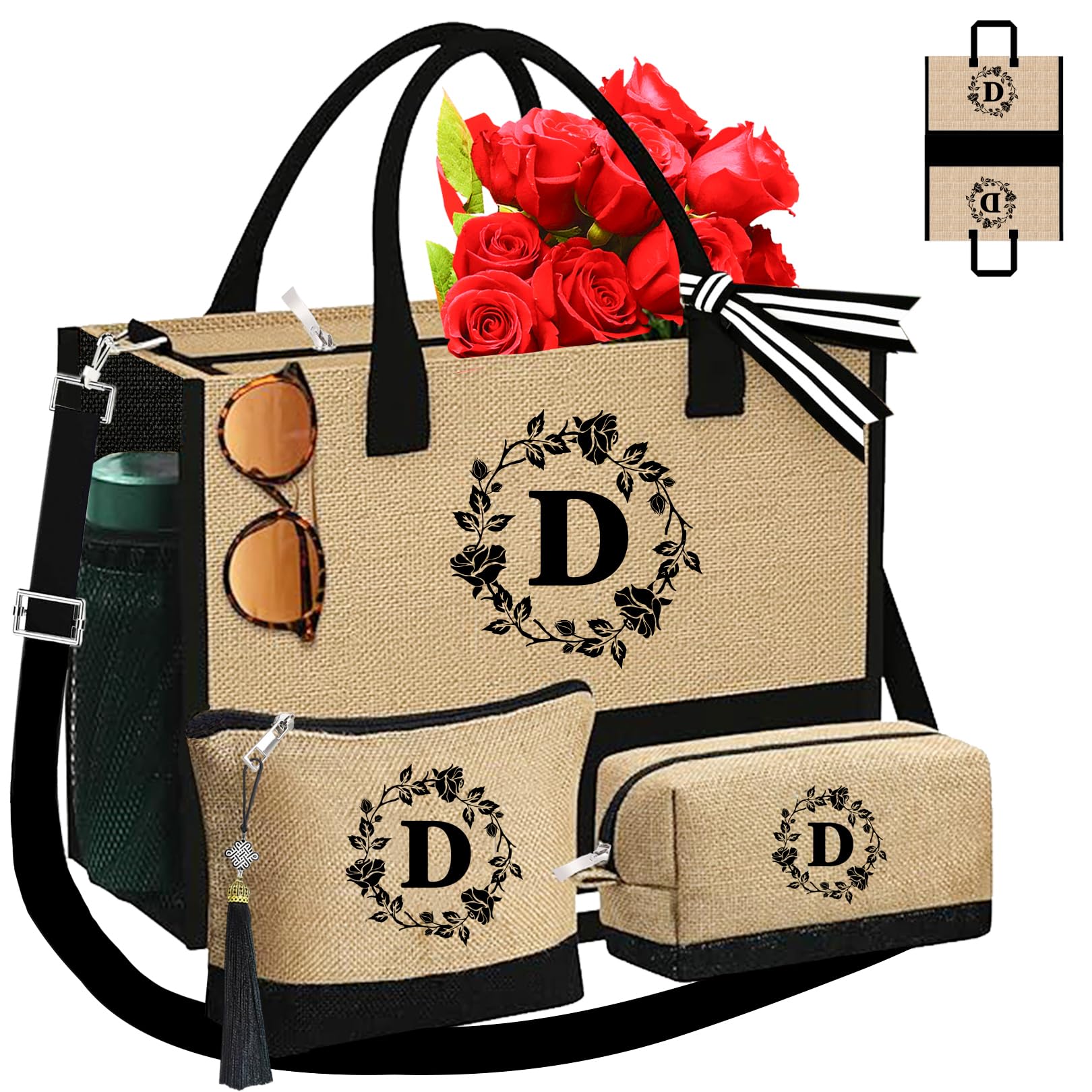 Adoryoung Monogrammed Tote Bags, 3Pcs Birthday Gifts for Women Initial Personalized Jute Tote Bags for Her Female Sister Mom