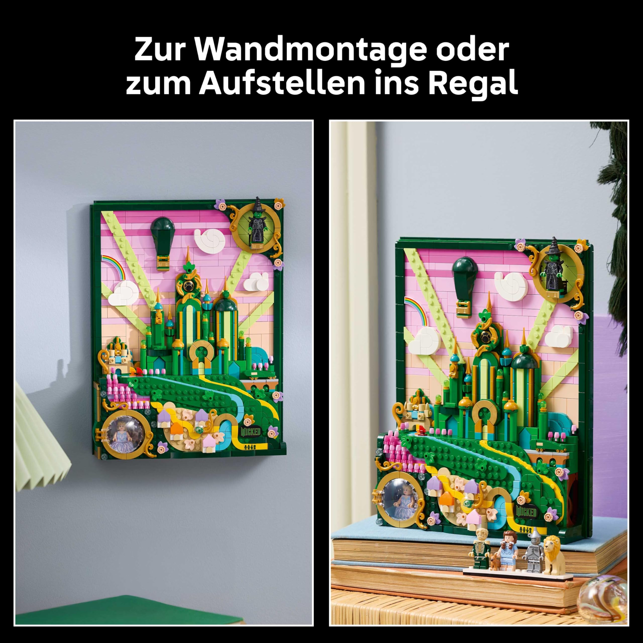 LEGO Wicked Emerald City Wandkunst - 3D Modell für Erwachsene - Modellbau mit 6 Minifiguren inkl. Dorothy sowie Toto Hundefigur - DIY Deko fürs Wohnzimmer - Geschenk für Filmfans - 75685