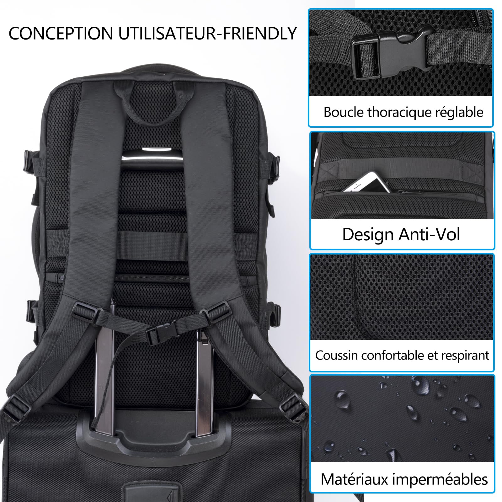KINGSLONG Sac à Dos Cabine Avion avec Pompe à Vide Intégrée, Sac à Dos | Voyage Compression Sous Vide pour Homme, Extensible 46L, Sac Ordinateur Portable 19 Pouces, USB, Résistant à l'Eau, Business