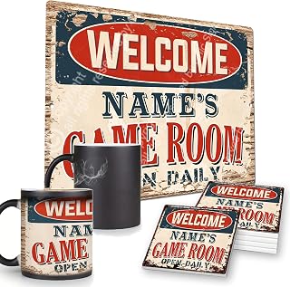 Welcome Name's Game Room Open Daily Custom Personalized Chic Sign coaster Mugs Rustic Vintage Style Retro Kitchen Bar Pub Coffee Shop Decor 9"x 12" Metal Plate Sign Home Store Man cave Decor Gift Ideas