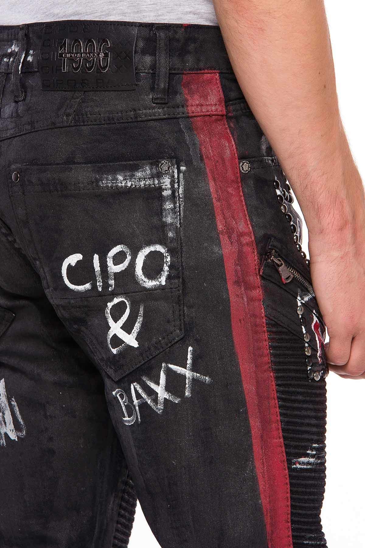 Cipo & Baxx Herren Jeanshose | Verschiedene Fits | Destroyed & Used Look mit Nieten, Kunstleder & Print | Modern Biker Style