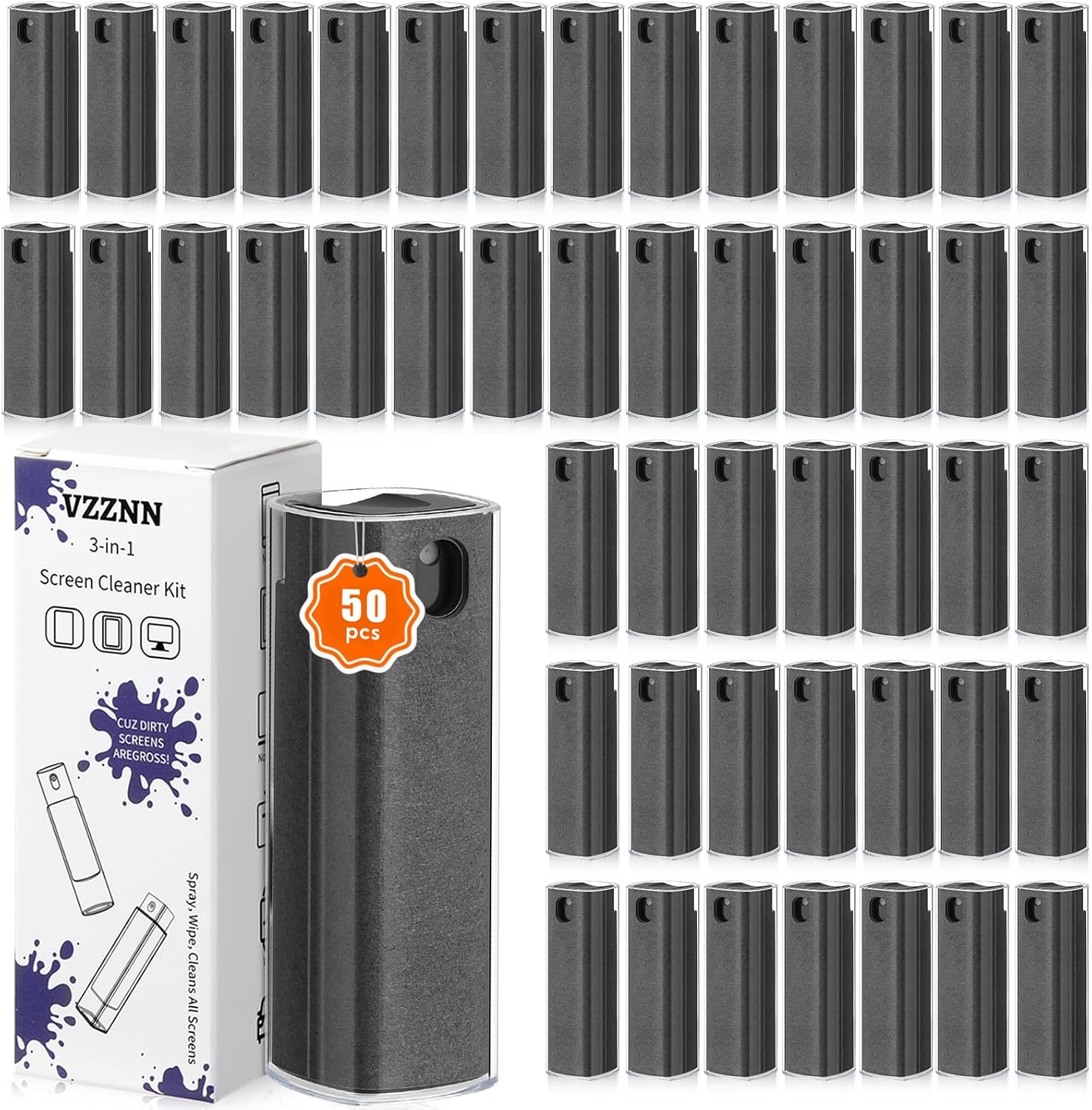 50 Pack Screen Cleaner 3-in-1 Screen Cleaner Spray and Wipe Built-in Cleaning Solution Touchscreen Mist Cleaner for All Car Screen Phone Laptop iPad TV Monitor,Gray