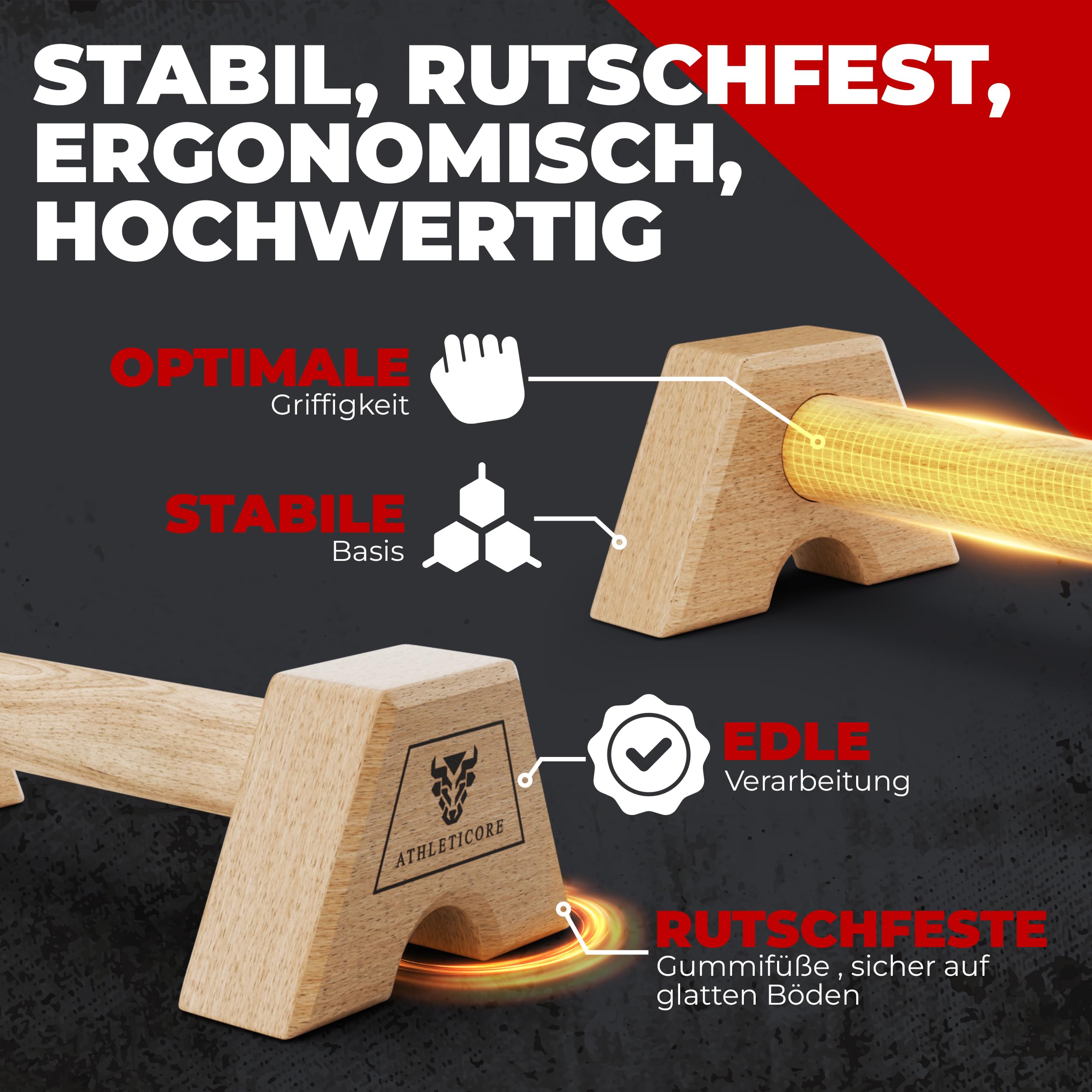 Liegestützgriffe Set (2x) aus Buchenholz - ohne Wackeln - gelenkschonend & rutschfest – Parallettes für Indoor & Outdoor – Optimal für Handstand & Liegestütze - Fitnessgeräte für Zuhause