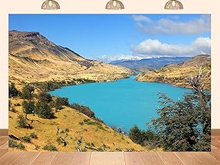 PEKRU 5x4ft Fabric Patagonia Chile Lake Backdrop Turquoise Water Golden Hills Snowy Peaks Background for Adventure Travel Shoot Landscape Print Home Wall Decor Man Cave Photo Shoot Studio Props