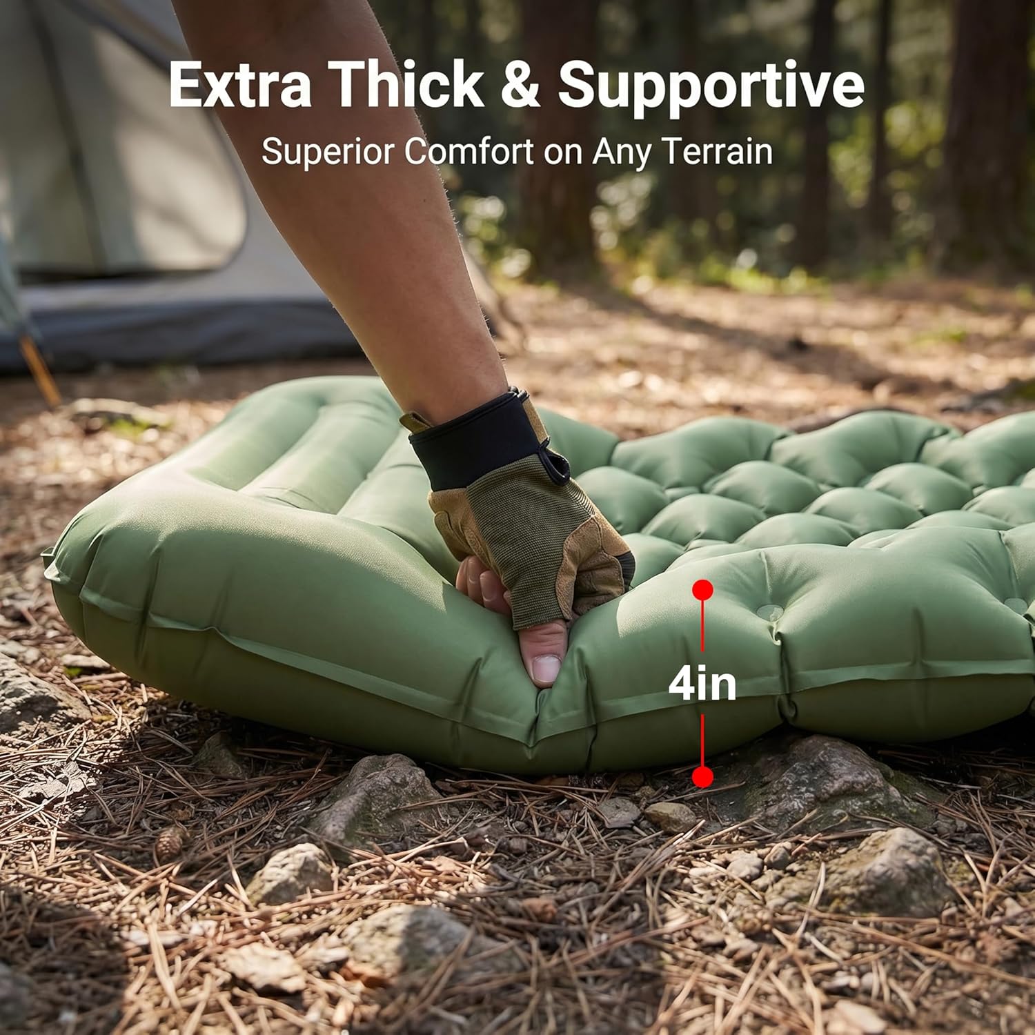Sleeping Pad, 4” Thick Backpacking Sleeping Pad with Built-in Foot Pump & Pillow, Ultralight Self Inflating Air Mattress Camping Mat for Hiking, Tent,Travel Gear (Green)