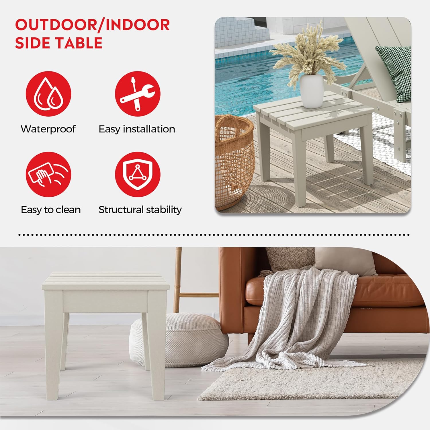 Costaelm Small Outdoor Side Table, Patio End Table Weather Resistant Outdoor Coffee Table, Square Conversation Table for Indoor, Porch, Balcony, Garden, Poolside, Deck, Sand