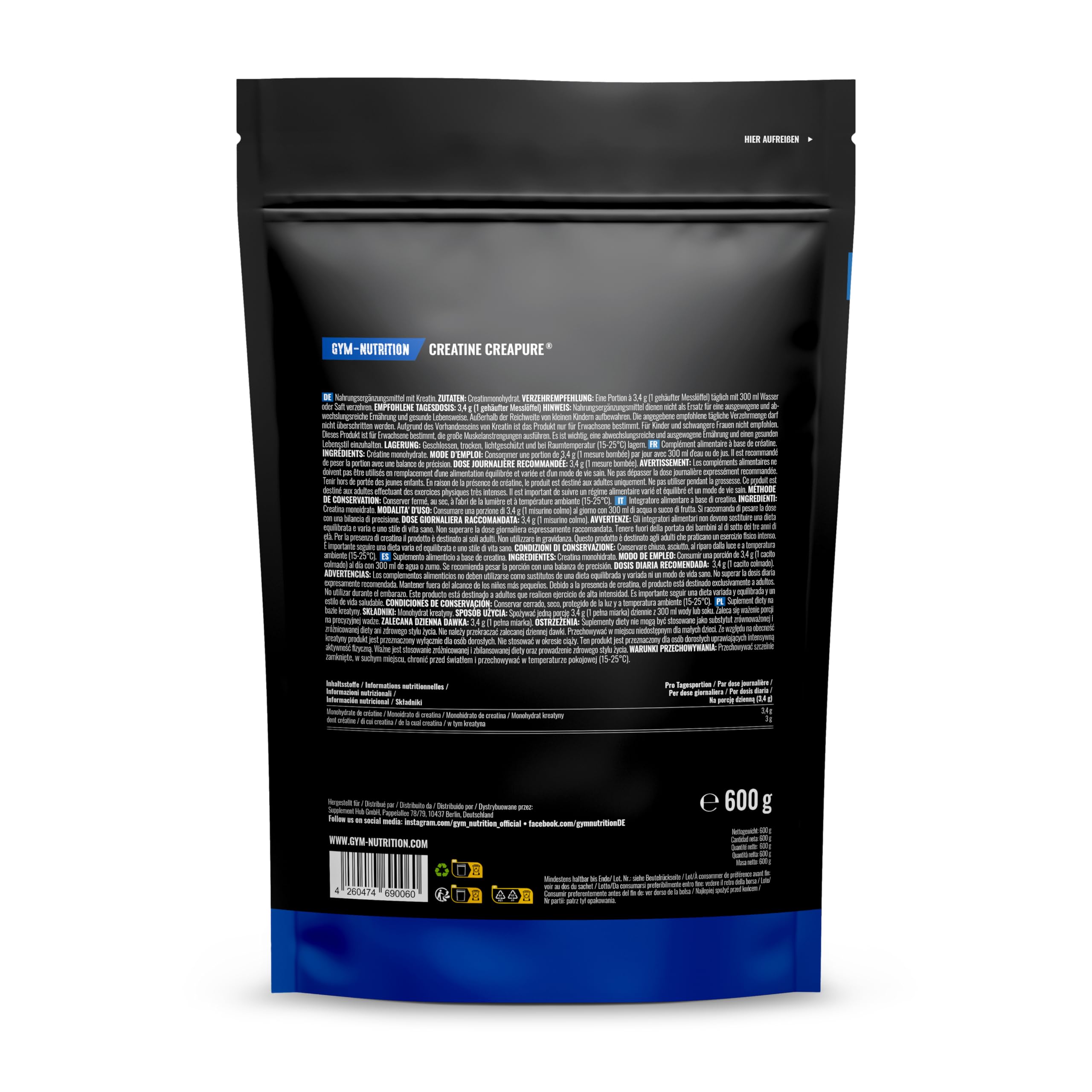 Creatina Monohidratada Creapure® – 600 g – Creatina Monohidrato Creapure en Polvo – Vegano – Envasado en Alemania - Creatine Monohydrate Powder