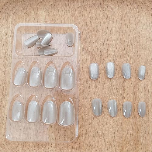 Miniatura 4 de Xenophoer Uñas postizas cortas ovaladas de madera verdosa fría con pegamento acrílico con diseños de purpurina plateada, uñas postizas a presión