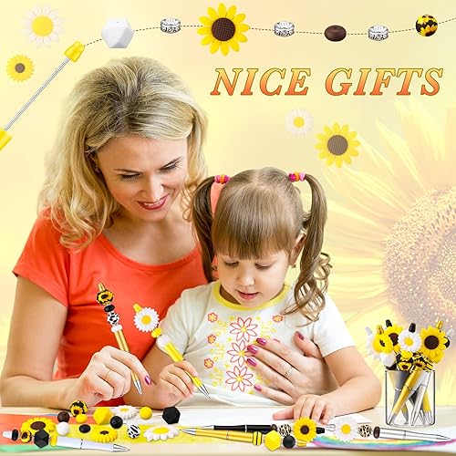 Miniatura 6 de Colarr 24 bolígrafos de plástico con cuentas, bolígrafos de cuentas con estampado de leopardo, flores de sol, 50 cuentas espaciadoras, bolígrafo de