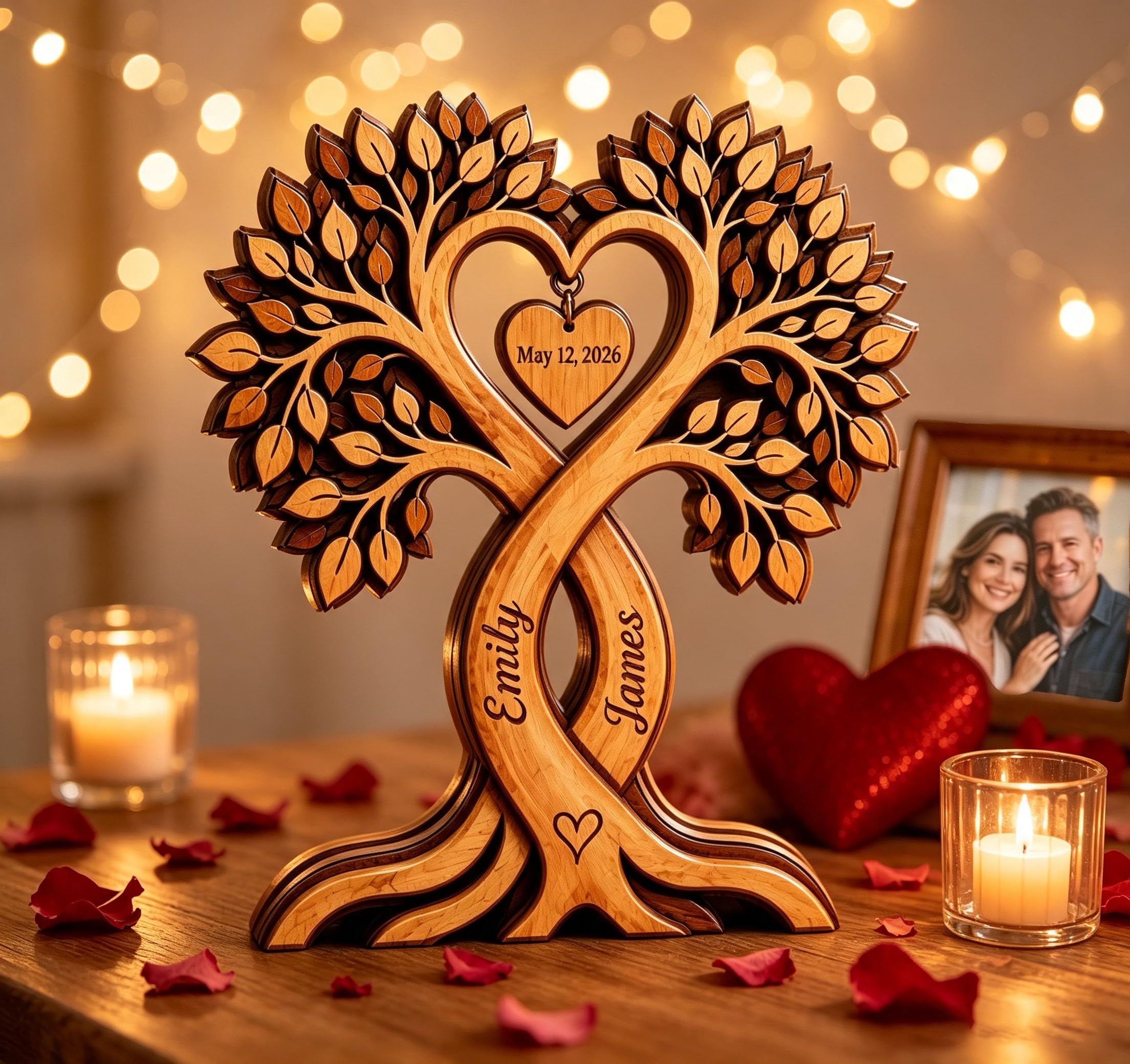 Personalised Couple Heart Tree Wooden Block, Anniversary Wedding Gifts for Wife Husband, Together Forever Couple Wood Block, Custom Name Heart Tree Plaque, Christmas Valentine Gift for Her Him