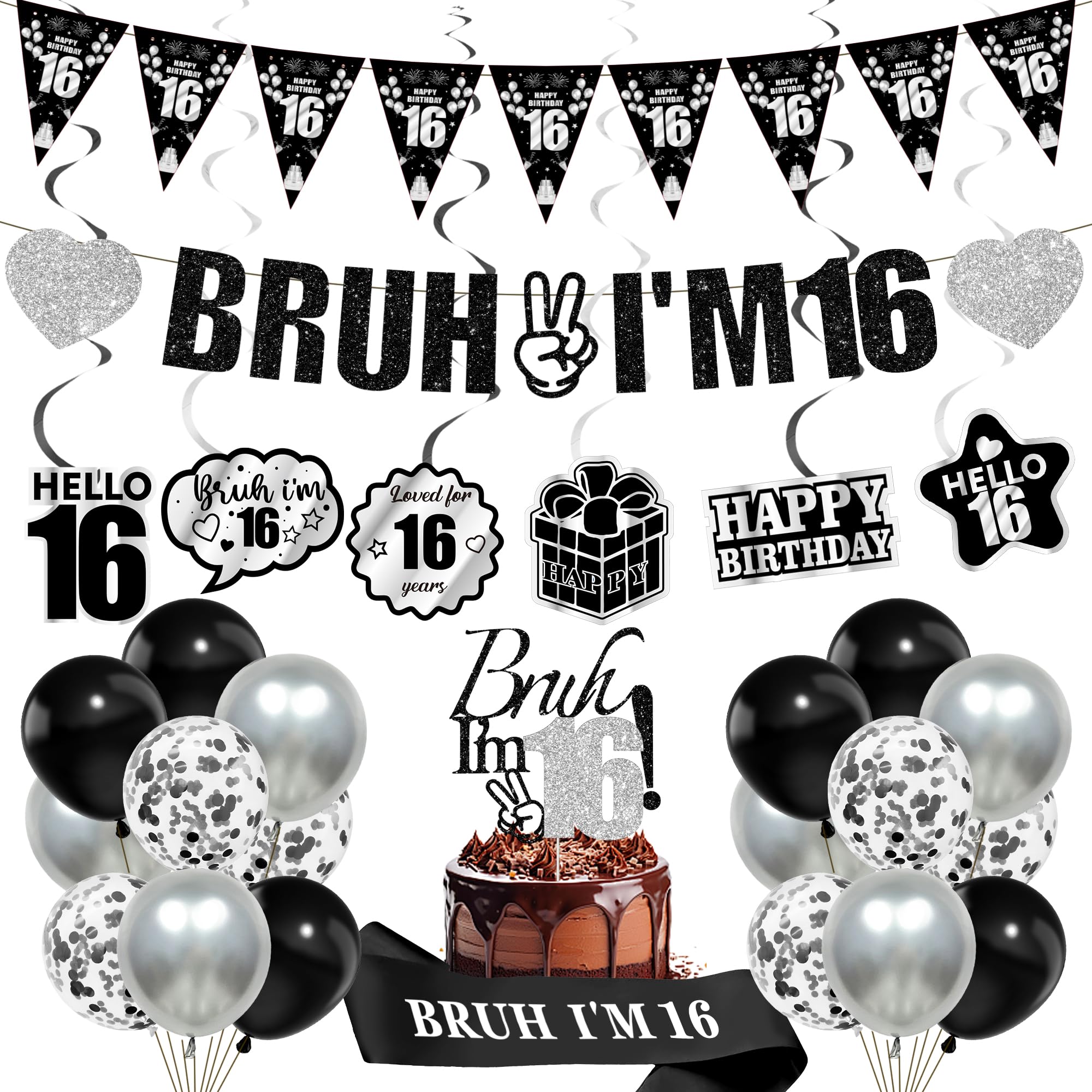 16th Birthday Decorations Balloons Boys - 28 Pcs Black Bruh I'M 16 Banner Swirl Hangings Confetti Balloons Sash Cake Topper for Boy 16 Years Old Birthday Party Decor Supplies