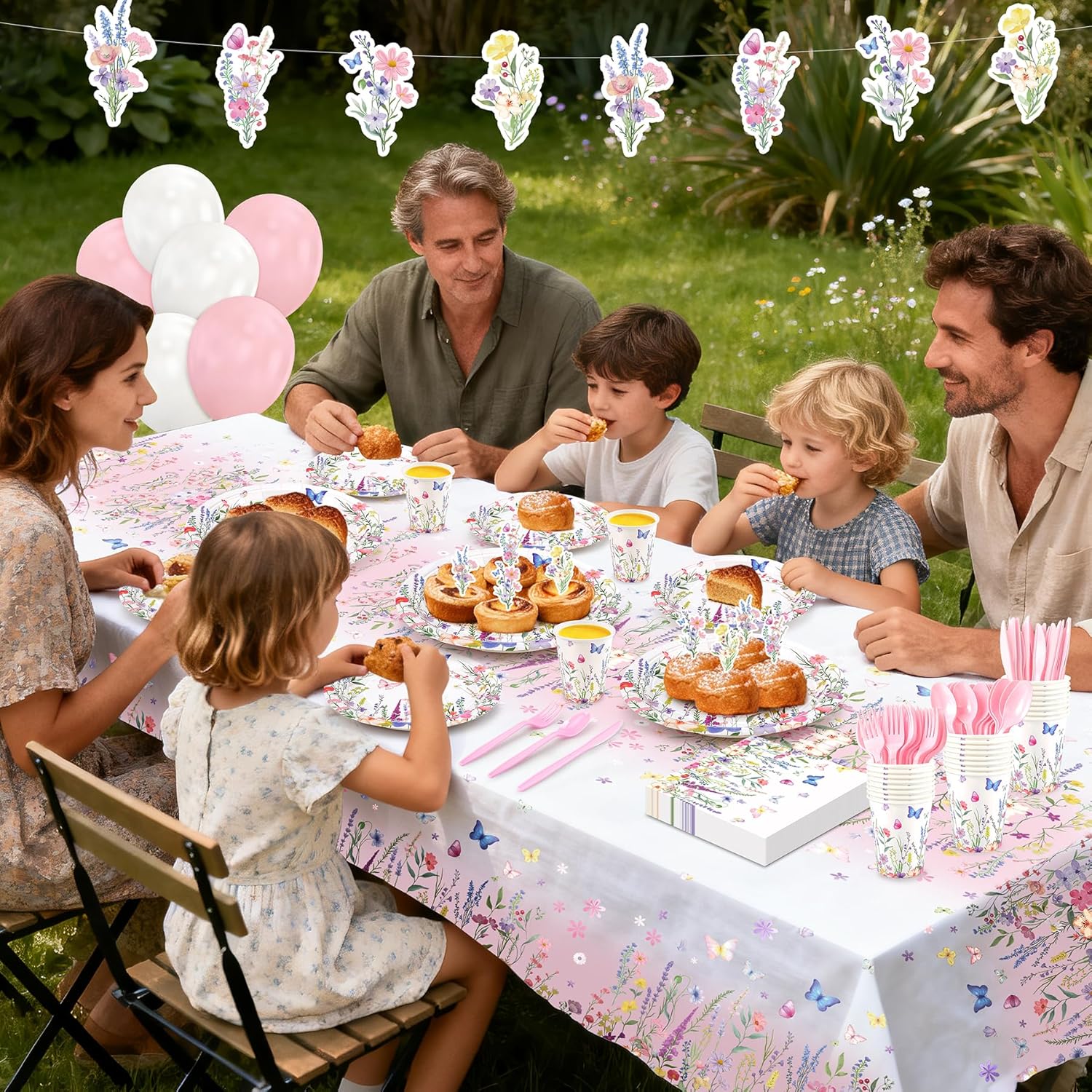 195pcs Spring Wildflower Party Decorations with Banner Balloons, Wildflower Party Supplies for 24 Guests, Floral Disposable Plates Napkins Cups Cutlery for Baby Shower Birthday Tea Party Decorations