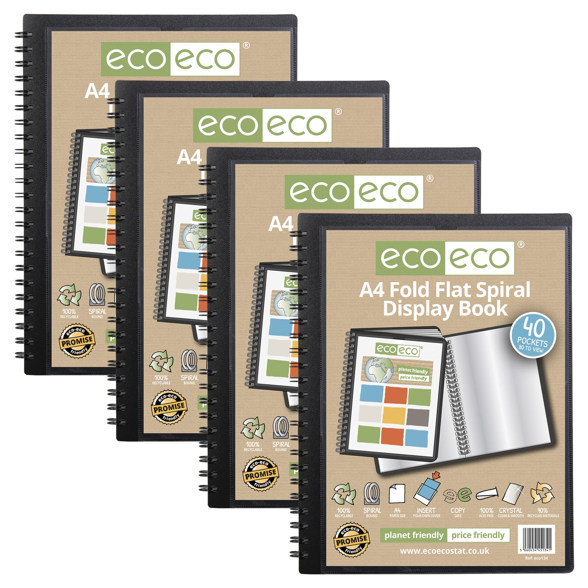 eco-eco eco134x4 - Raccoglitore per esposizione, formato A4, 50% riciclato, con 40 tasche e rilegatura a spirale, confezione da 4