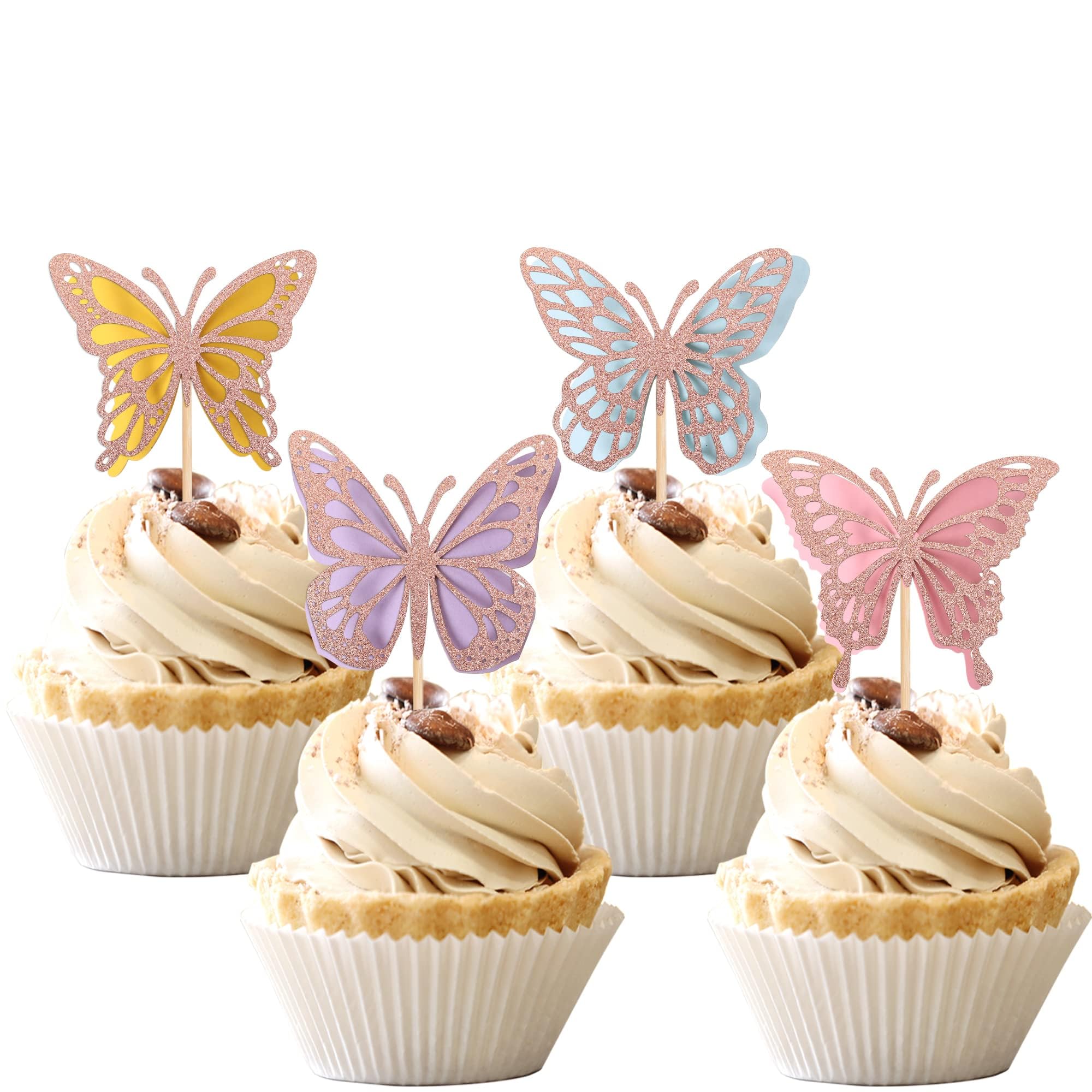 YCTHUNFISH Lot De 24 Décorations De Cupcakes Papillon 3D à Paillettes Pour Enfants, Garçons Et Filles, Anniversaire, Fête Prénatale, Fête Prénatale, Rose Doré Rose
