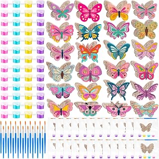 JellyArch 24 Sets 3D Wooden Butterfly DIY Painting Craft Kit Unfinished Butterfly Blank Wood Paint Craft with Brushes Acrylic Paints Bags for Kids Adults Toys Party Favor