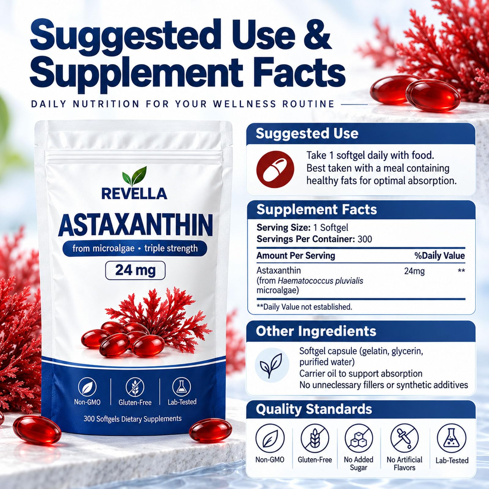 Revella Astaxanthin, 24mg Softgel Supplements, Antioxidant Support, Skin, Eye & Joint Wellness, Non-GMO, Gluten-Free, 300 Softgels — Amazon image 2