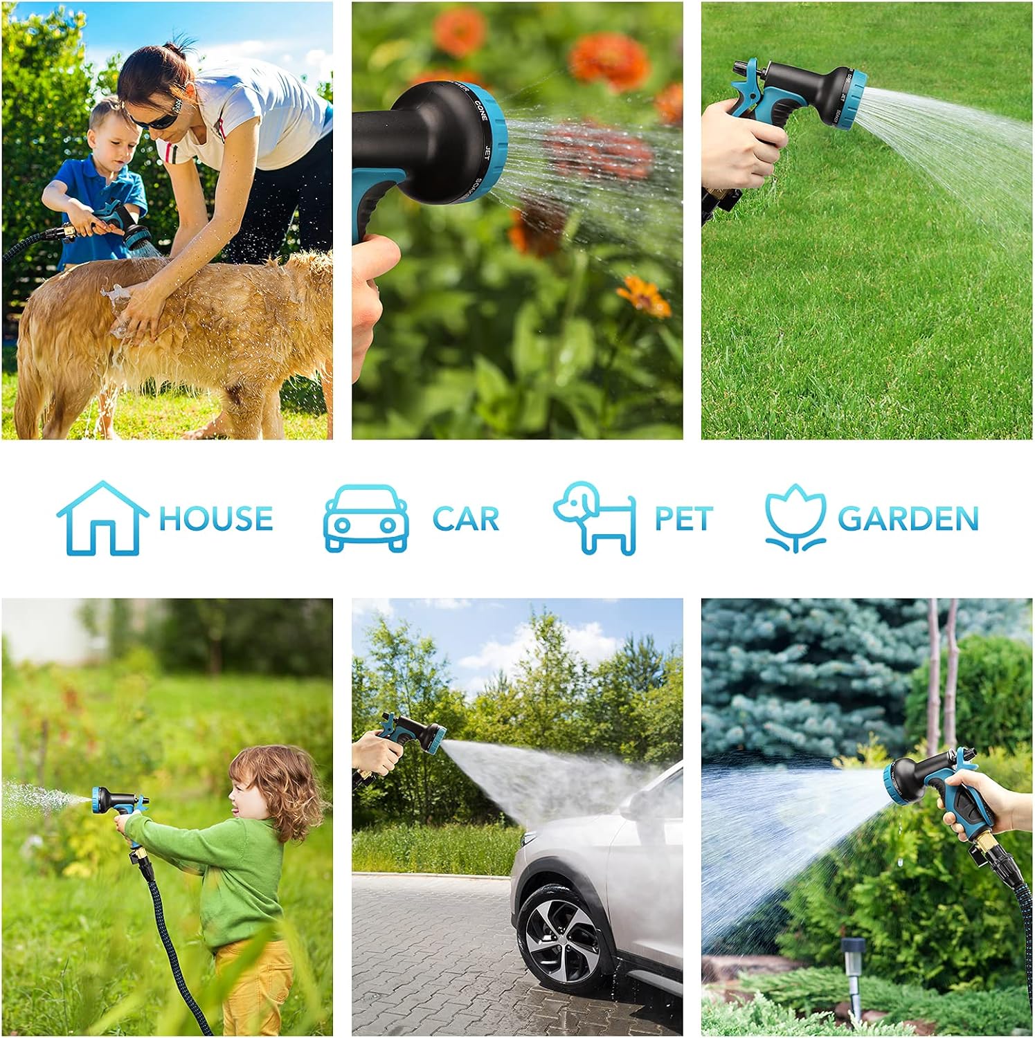 Delxo 25Ft Expandable Garden Hose Kit Include 6, Flexible 9-Function Water Hose with Heavy Duty High-Pressure Spray Nozzle, Leakproof Design 3/4” Solid Brass Fittings Blue