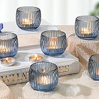 Vista 1 de Set of 6 Ribbed Glass Votive Candle Holders, Blue Glass Tealight Holders for Taper Candles - Elegant Table Centerpieces for Weddings, Christmas
