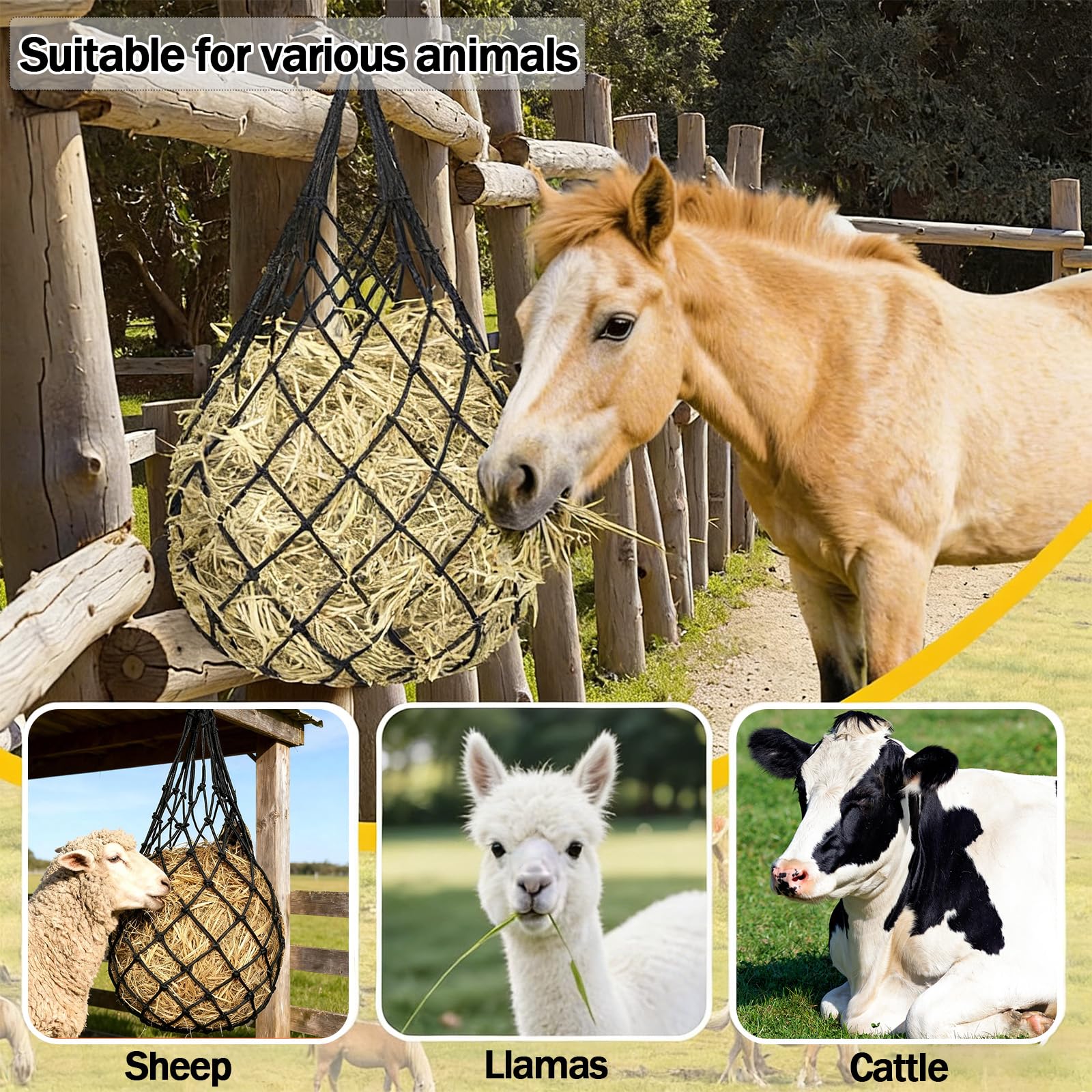 2 Piezas Redes de Heno para Caballos, Malla Fina de 5x5 cm para Alimentación Lenta, Portátil Red Heno para Cabras, Reduce el Desperdicio para Caballos, Cabras y Ponis